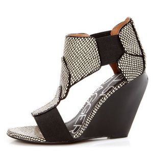 Kelsi Dagger Elin White and Black Snake Print Sculptural Wedges